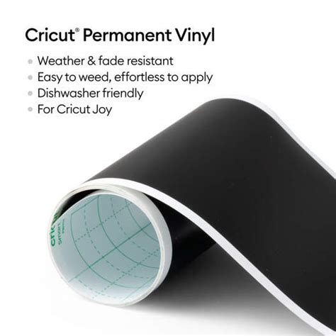2009831 - Cricut Joy Permanent Smart Vinyl Black; 1 roll 5.5 in x 48 in (13.9 cm x 121.9 cm); Matte finish; Works without a machine mat – just load & go!; Dishwasher friendly; Weather-resistant, ideal for outdoor projects; For Cricut Joy™